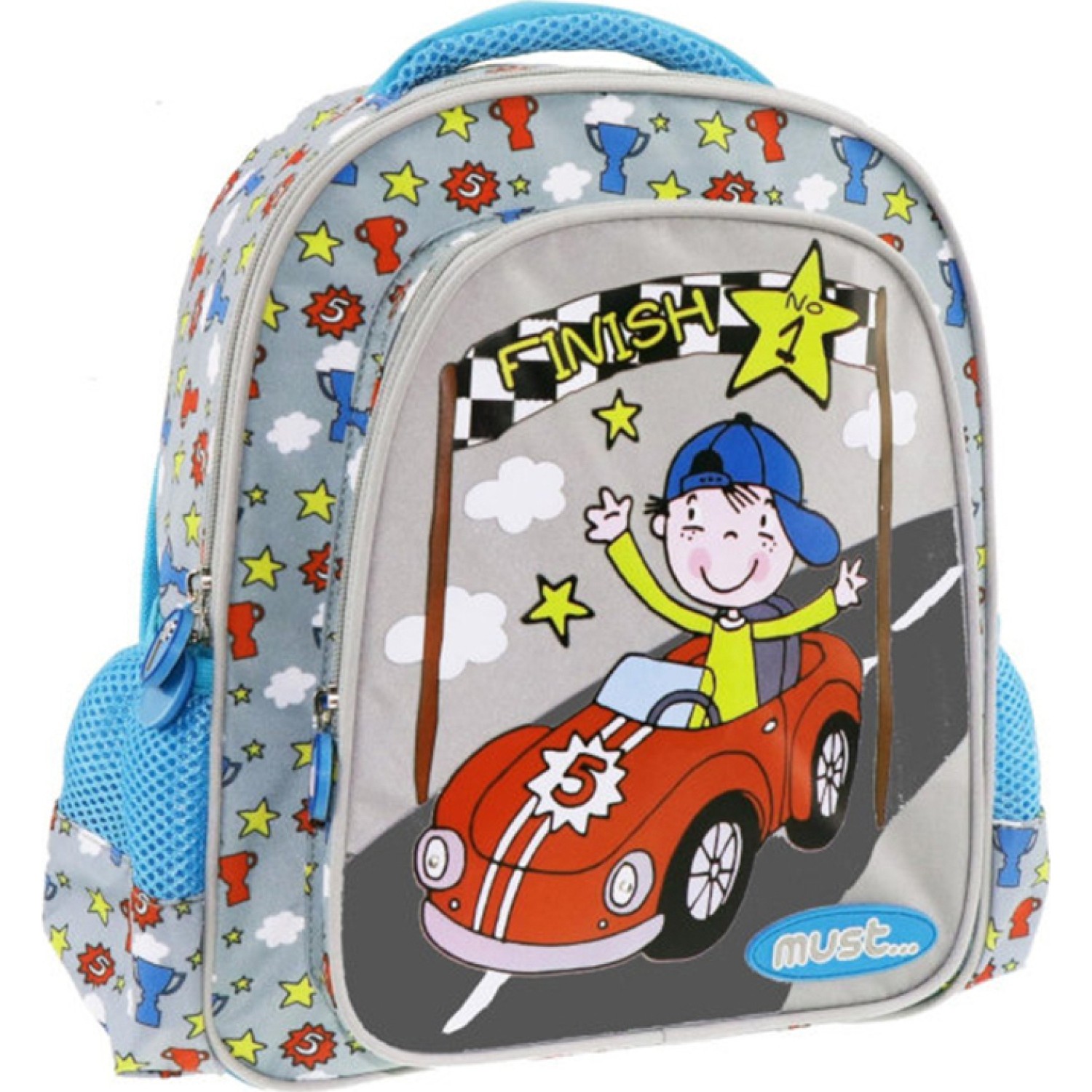 Must Racing Car Σχολική Τσάντα Πλάτης Νηπιαγωγείου σε Γκρι χρώμα Μ27 x Π10 x Υ31cm